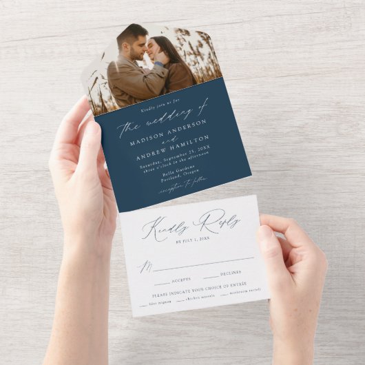 Modern Elegant Navy Photo Wedding All In One Uitnodiging (Afscheurbaar)