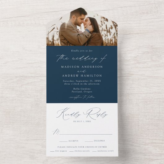 Modern Elegant Navy Photo Wedding All In One Uitnodiging (Binnen)