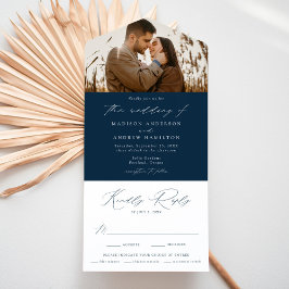 Modern Elegant Navy Photo Wedding All In One Uitnodiging