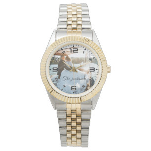 Modern Elegant Newly Wed Wedding Photo Jubileum Horloge