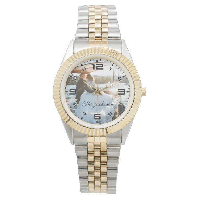 Modern Elegant Newly Wed Wedding Photo Jubileum Horloge (Voorkant)