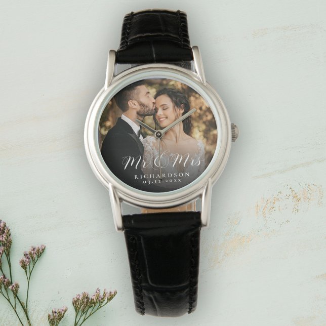 Modern Elegant Newly Wed Wedding Photo Jubileum Horloge (Creator heeft geüpload)