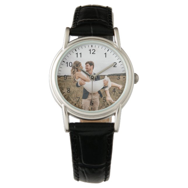 Modern Elegant Newly Wed Wedding Photo Jubileum Horloge (Voorkant)
