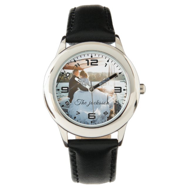 Modern Elegant Newly Wed Wedding Photo Jubileum Horloge (Voorkant)