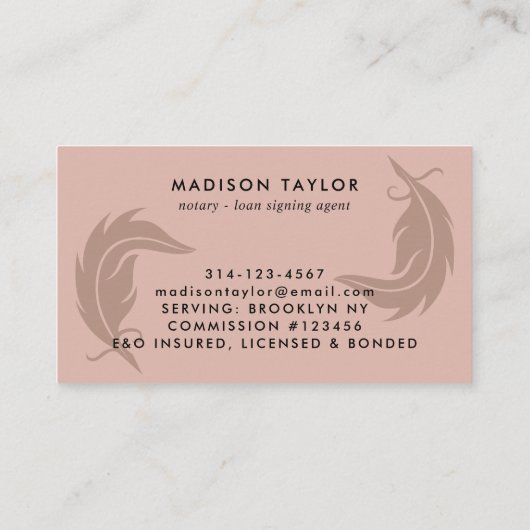 Modern Elegant Notaris Loan Agent Roos Gold Quill Visitekaartje (Achterkant)