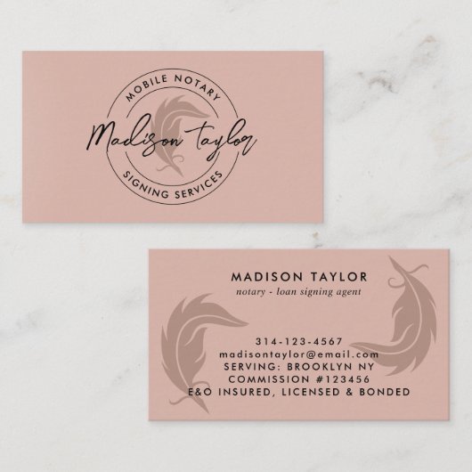 Modern Elegant Notaris Loan Agent Roos Gold Quill Visitekaartje (Voorkant / Achterkant)