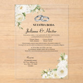 Modern Elegant Nuestra Boda White Floral Wedding Acryl Uitnodigingen (Voorkant)