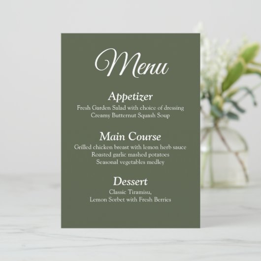 Modern Elegant Olijfgroen Bruiloft Menu Kaart (Staand voorkant)