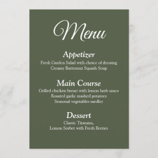 Modern Elegant Olijfgroen Bruiloft Menu Kaart