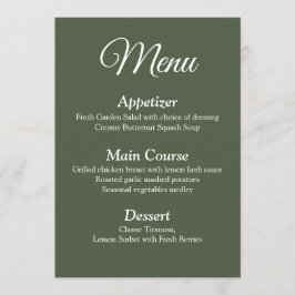 Modern Elegant Olijfgroen Bruiloft Menu Kaart
