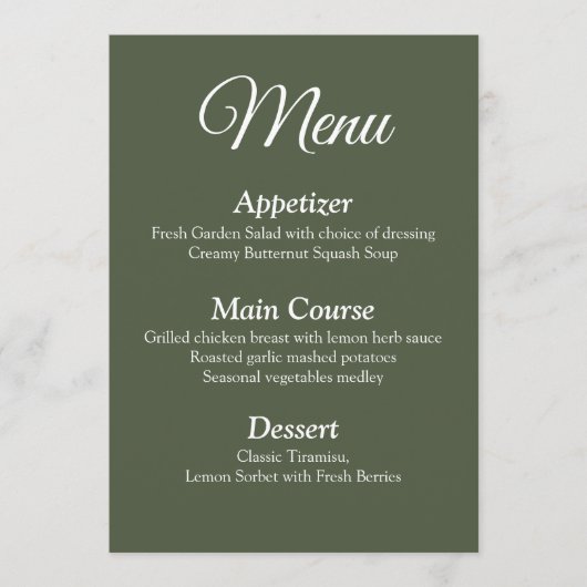Modern Elegant Olijfgroen Bruiloft Menu Kaart (Voorkant)