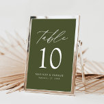 Modern Elegant Olijfgroen Bruiloft Tafelnummer<br><div class="desc">Trendy, minimalistische trouwtafel nummerkaarten met witte letters met "Table" in modern kalligrafie script. Het ontwerp heeft een olijfgroene achtergrond of een kleur naar keuze. Het ontwerp herhaalt zich op de achterkant. Om de lijstkaarten te bestellen: voeg jouw namen, huwelijksdatum, en lijstaantal toe. Voeg elk nummer afzonderlijk toe aan je winkelwagentje...</div>