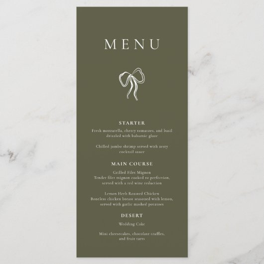 Modern Elegant Olijfgroen Trouwdiner Menu (Voorkant)