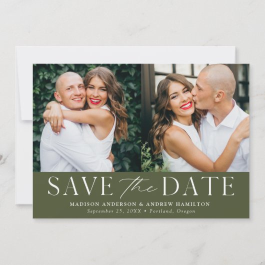Modern Elegant Olive Green 2 foto Save The Date (Voorkant)