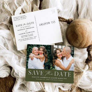 Modern Elegant Olive Green 2 Foto Save the Date Aankondigingskaart