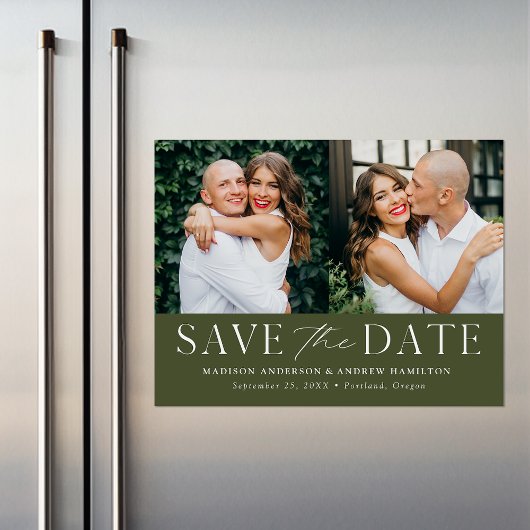 Modern Elegant Olive Green 2 Foto Save the Date Magnetische Uitnodiging