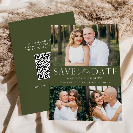 Modern Elegant Olive Green 3 foto QR-code Save The Date