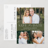 Modern Elegant Olive Green 3 Foto Save the Date Aankondigingskaart (Voorkant / Achterkant)