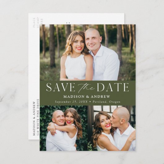 Modern Elegant Olive Green 3 Foto Save the Date Aankondigingskaart (Voorkant / Achterkant)