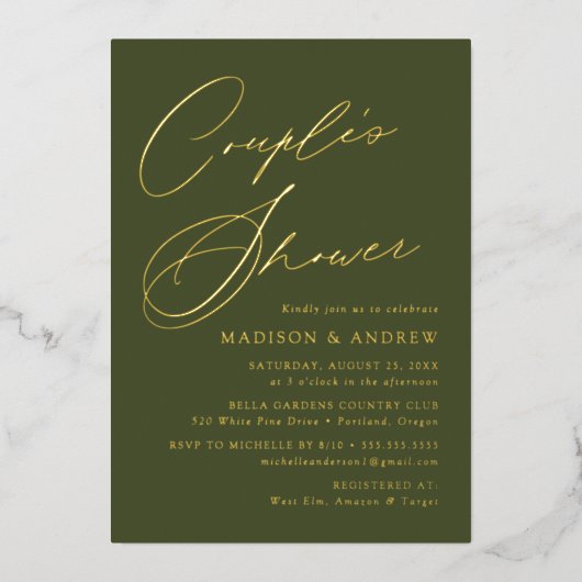 Modern Elegant Olive Green Couple's Douche Folie Uitnodiging (Voorkant)