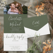 Modern Elegant Olive Script Foto Bruiloft Alles All In One Uitnodiging