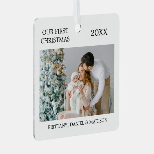 Modern Elegant Onze eerste kerstfoto Metalen Ornament (Voorkant Rechts)
