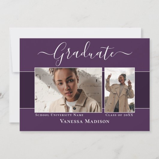 Modern | Elegant Paars 2 Foto Afstuderen Aankondiging (Voorkant)