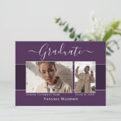 Modern | Elegant Paars 2 Foto Afstuderen Aankondiging (Staand voorkant)