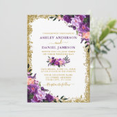 Modern Elegant Paars Floral Gold Glitter Wedding Kaart (Staand voorkant)