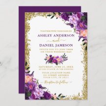 Modern Elegant Paars Floral Gold Glitter Wedding