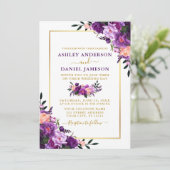 Modern Elegant Paars Floral Gold Wedding Kaart (Staand voorkant)
