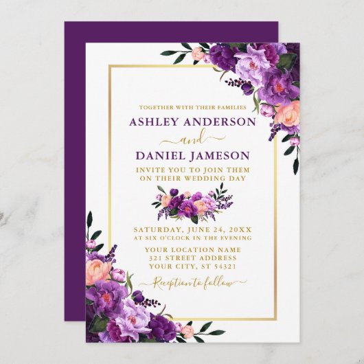 Modern Elegant Paars Floral Gold Wedding Kaart (Voorkant / Achterkant)