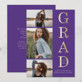 Modern Elegant Paars Gold 3 Foto Afstuderen Aankondiging (Voorkant / Achterkant)