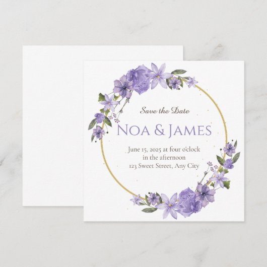Modern Elegant Paarse Bloemen Save the Date Kaart (Voorkant / Achterkant)