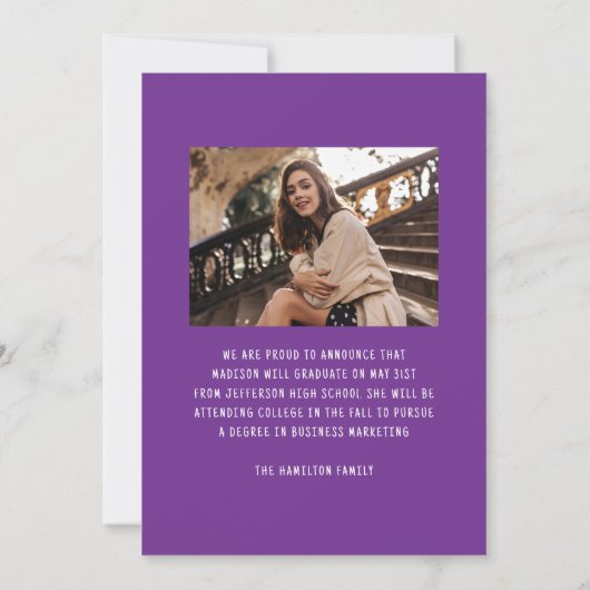 Modern Elegant Paarse Bow 2 Foto Afstuderen Aankondiging (Achterkant)