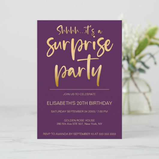 Modern Elegant Paarse Gouden Verrassingsverjaardag Kaart (Staand voorkant)