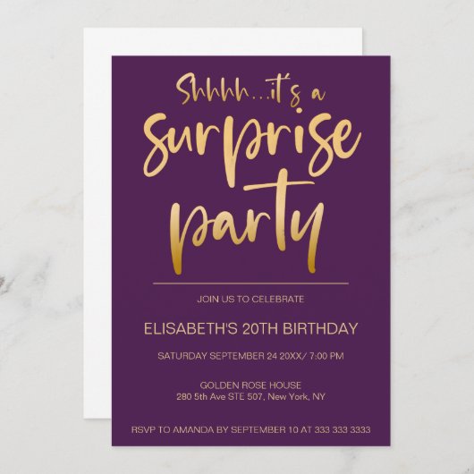 Modern Elegant Paarse Gouden Verrassingsverjaardag Kaart (Voorkant / Achterkant)