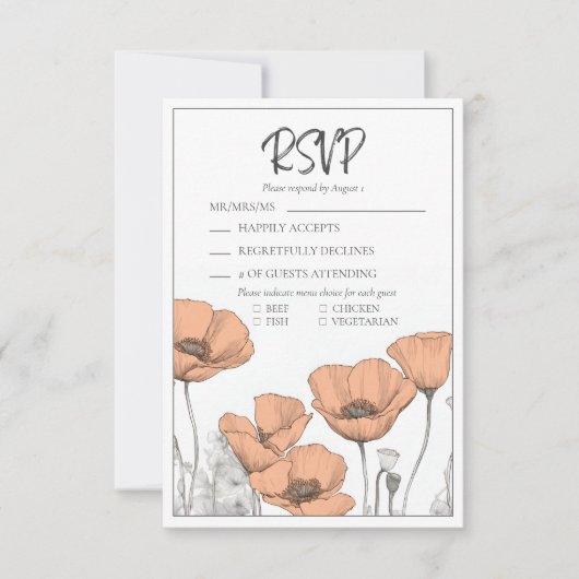 Modern Elegant Perzik Bloemen Poppies Bruiloft RSVP Kaartje (Voorkant)