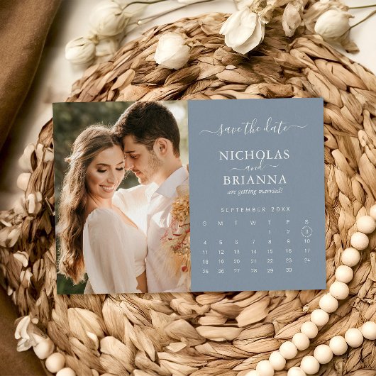 Modern Elegant Photo Calendar Dusty Blue Wedding Save The Date
