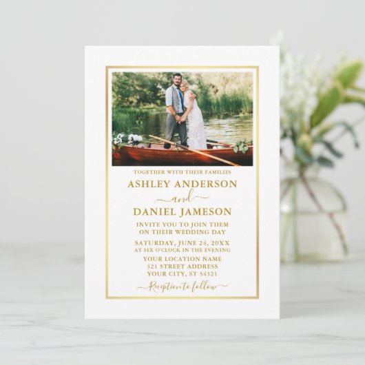Modern Elegant Photo Gold Wedding Kaart (Staand voorkant)