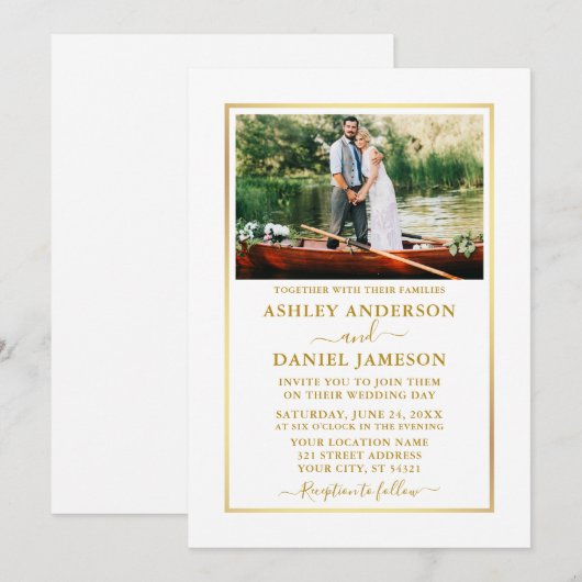 Modern Elegant Photo Gold Wedding Kaart (Voorkant / Achterkant)