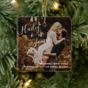 Modern Elegant Photo Newylwed First Kerstmis Keramisch Ornament