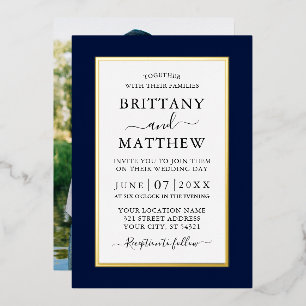 Modern Elegant Photo Wedding Blue Gold Folie Uitnodiging