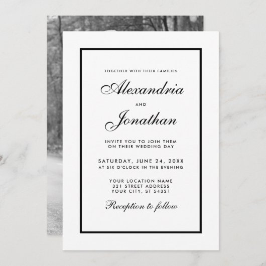 Modern Elegant Photo Wedding Invite Black & White Kaart (Voorkant / Achterkant)