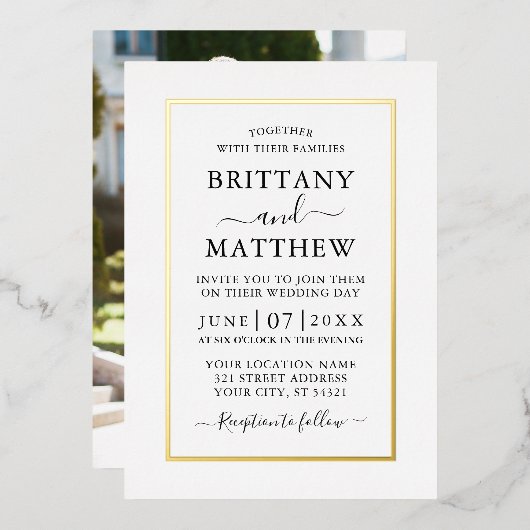 Modern Elegant Photo Wedding White Gold Folie Uitnodiging (Voorkant / Achterkant)