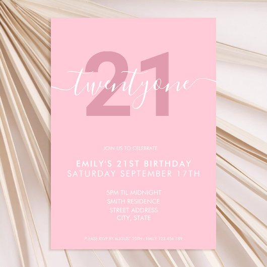 Modern Elegant Pink 21st Birthday Uitnodiging