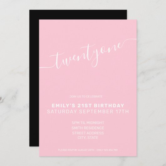 Modern Elegant Pink 21st Birthday Uitnodiging (Voorkant / Achterkant)