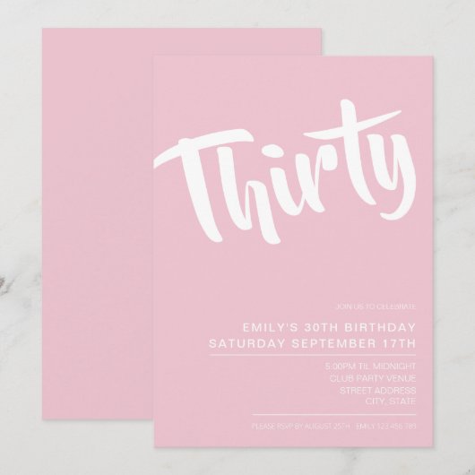 Modern Elegant Pink 30th Birthday Uitnodiging (Voorkant / Achterkant)