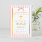 Modern Elegant Pink Blush Striped Communion Kaart (Staand voorkant)