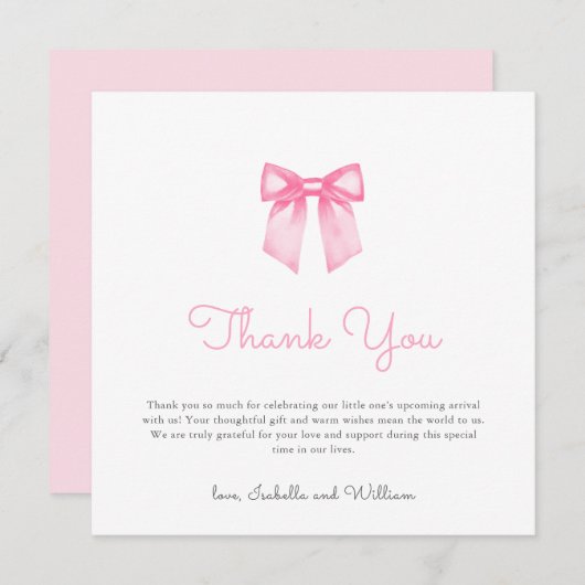 Modern Elegant Pink Bow Baby shower Bedankkaart (Voorkant / Achterkant)